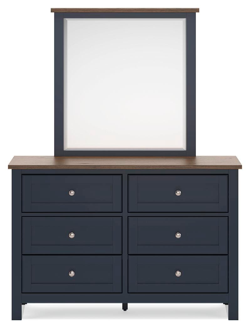 Landocken Brown/Blue Queen Panel Bed, Dresser and Mirror - B414B11