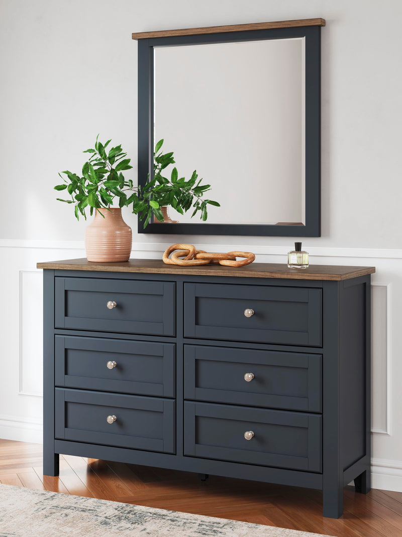 Landocken Brown/Blue Queen Panel Bed, Dresser and Mirror - B414B11