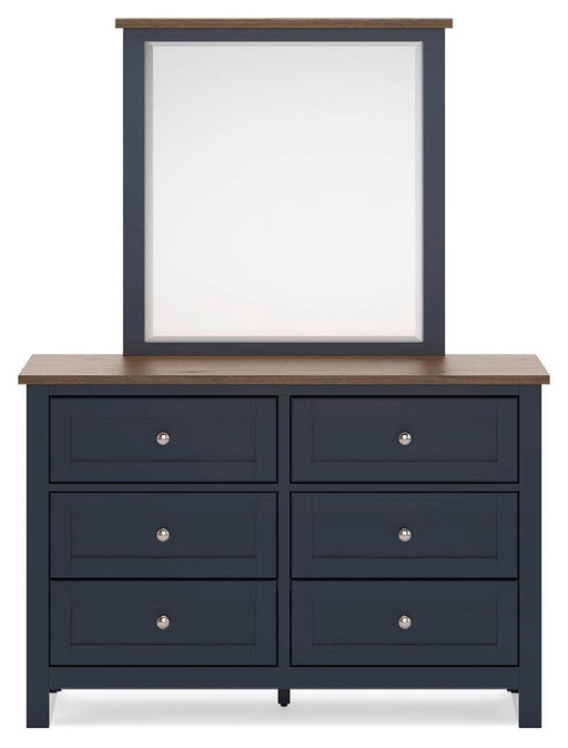 Landocken Brown/Blue Queen Panel Bed, Dresser and Mirror - B414B11