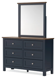 Landocken Queen Panel Headboard with Mirrored Dresser, Chest and 2 Nightstands in Brown/Blue from Ashley - Luna Furniture