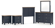 Landocken Twin Panel Headboard with Mirrored Dresser and 2 Nightstands in Brown/Blue from Ashley - Luna Furniture