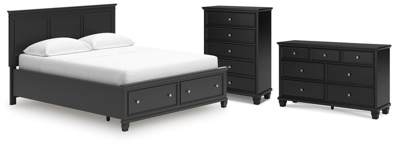 Lanolee California King Panel Storage Bed, Dresser and Chest in Black - PKG023926