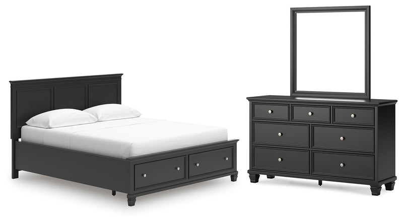 Lanolee California King Panel Storage Bed, Dresser and Mirror in Black - PKG023923