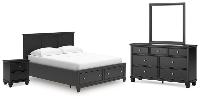 Lanolee California King Panel Storage Bed, Dresser, Mirror and Nightstand in Black - PKG023924