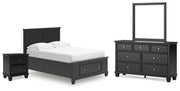 Lanolee Full Panel Storage Bed, Dresser, Mirror and Nightstand in Black - PKG023909