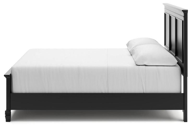 Lanolee King Panel Bed with Mirrored Dresser and Nightstand in Black - PKG015226