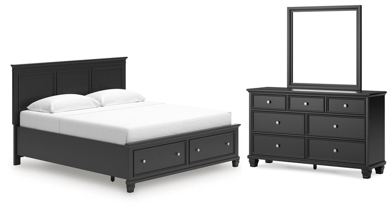 Lanolee King Panel Storage Bed, Dresser and Mirror in Black - PKG023918