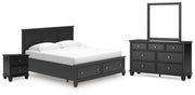 Lanolee King Panel Storage Bed, Dresser, Mirror and Nightstand in Black - PKG023919
