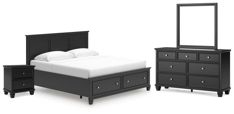 Lanolee King Panel Storage Bed, Dresser, Mirror and Nightstand in Black - PKG023919