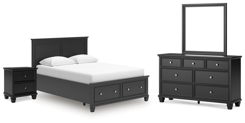 Lanolee Queen Panel Storage Bed, Dresser, Mirror and Nightstand in Black - PKG023914