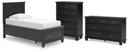 Lanolee Twin Panel Storage Bed, Dresser and Chest in Black - PKG023906