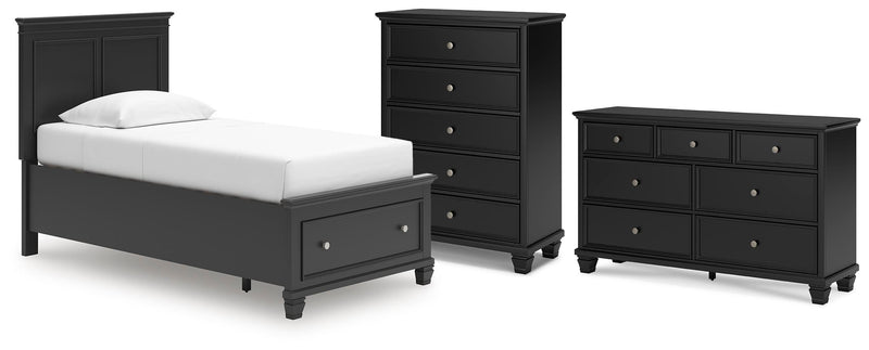 Lanolee Twin Panel Storage Bed, Dresser and Chest in Black - PKG023906