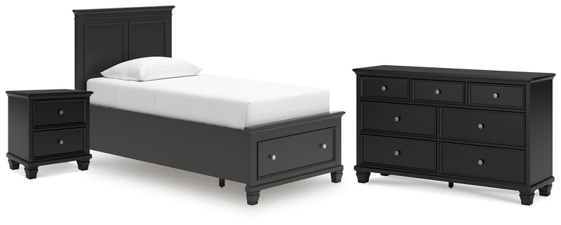 Lanolee Twin Panel Storage Bed, Dresser and Nightstand in Black - PKG023905
