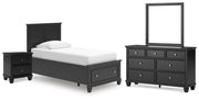 Lanolee Twin Panel Storage Bed, Dresser, Mirror and Nightstand in Black - PKG023904