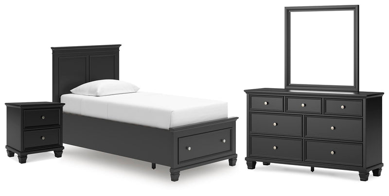Lanolee Twin Panel Storage Bed, Dresser, Mirror and Nightstand in Black - PKG023904