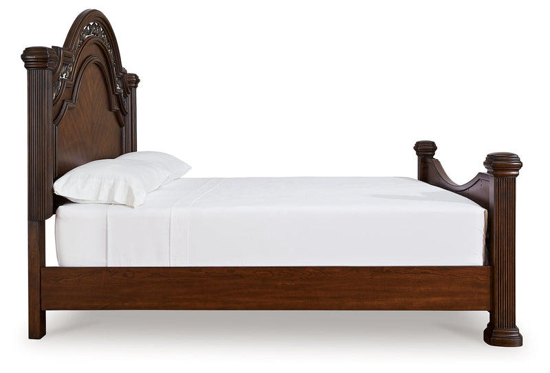 Lavinton King Poster Bed with Mirrored Dresser and Chest in Brown from Ashley - Luna Furniture