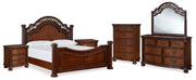 Lavinton King Poster Bed with Mirrored Dresser, Chest and 2 Nightstands in Brown - PKG016867
