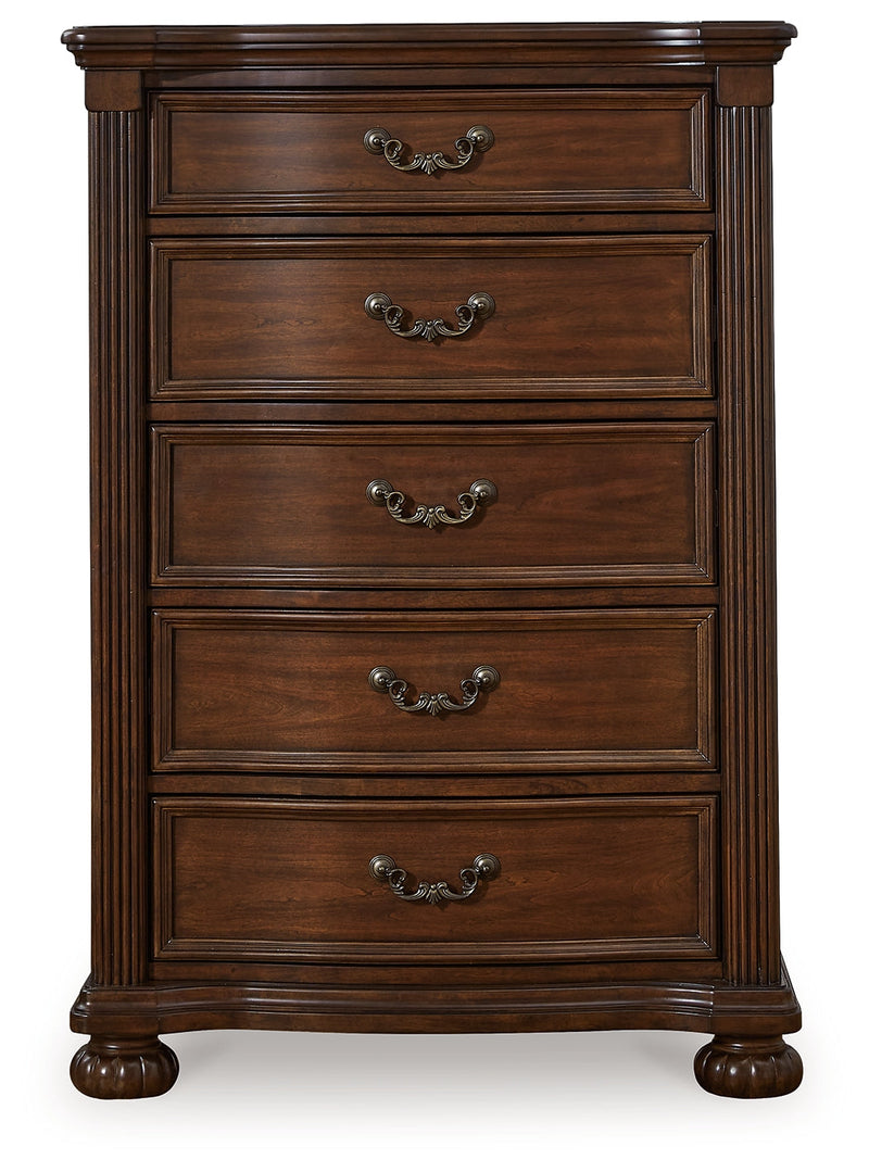 Lavinton King Poster Bed with Mirrored Dresser, Chest and 2 Nightstands in Brown - PKG016867