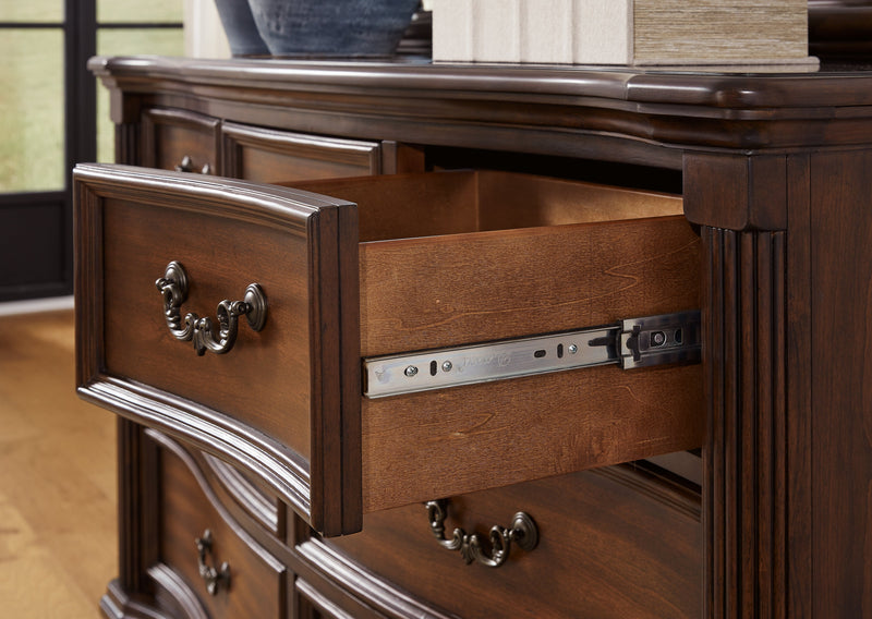 Lavinton King Poster Bed with Mirrored Dresser, Chest and 2 Nightstands in Brown - PKG016867