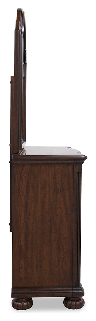 Lavinton King Poster Bed with Mirrored Dresser, Chest and Nightstand in Brown from Ashley - Luna Furniture