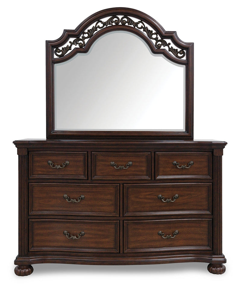 Lavinton Queen Poster Bed with Mirrored Dresser and 2 Nightstands in Brown from Ashley - Luna Furniture