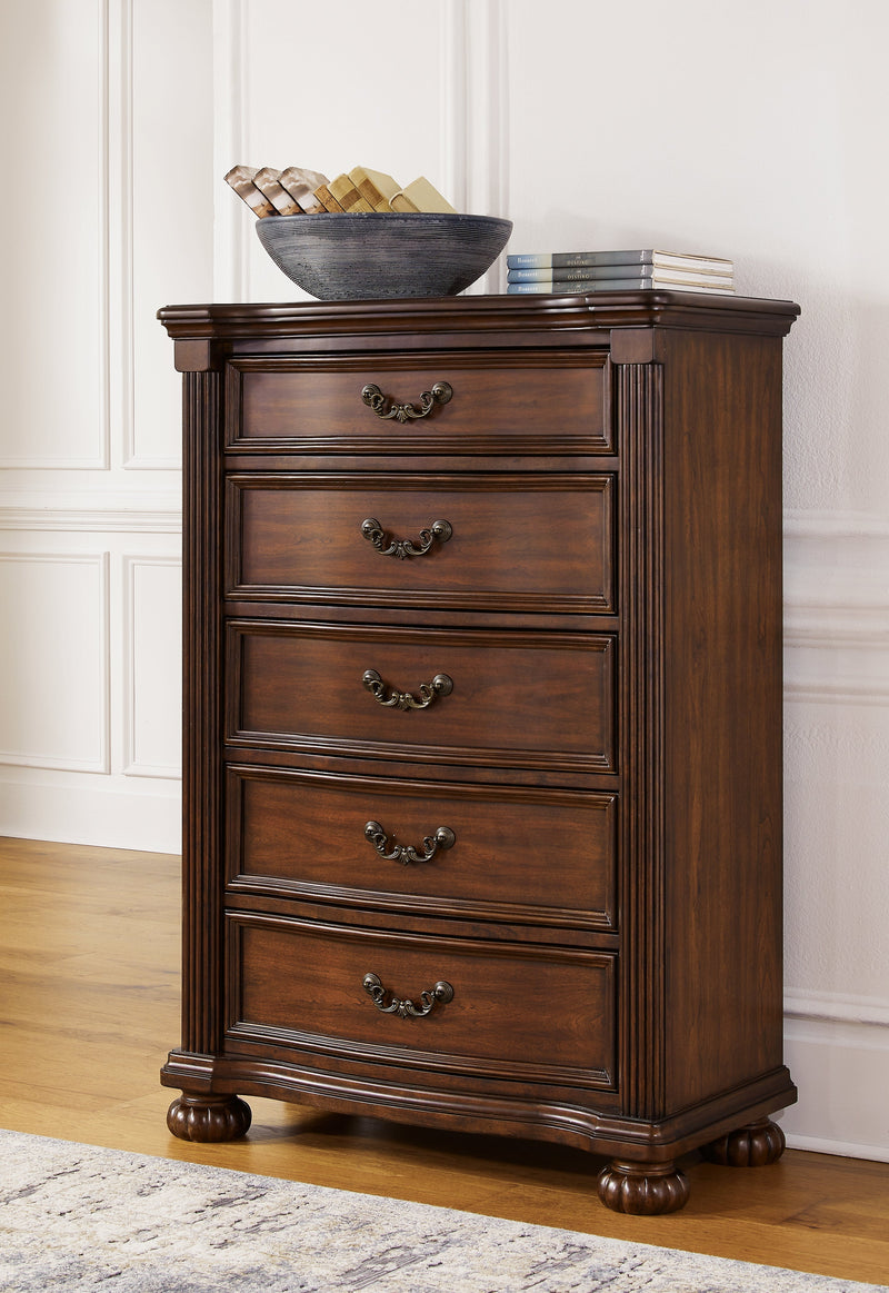 Lavinton Queen Poster Bed with Mirrored Dresser and Chest in Brown from Ashley - Luna Furniture