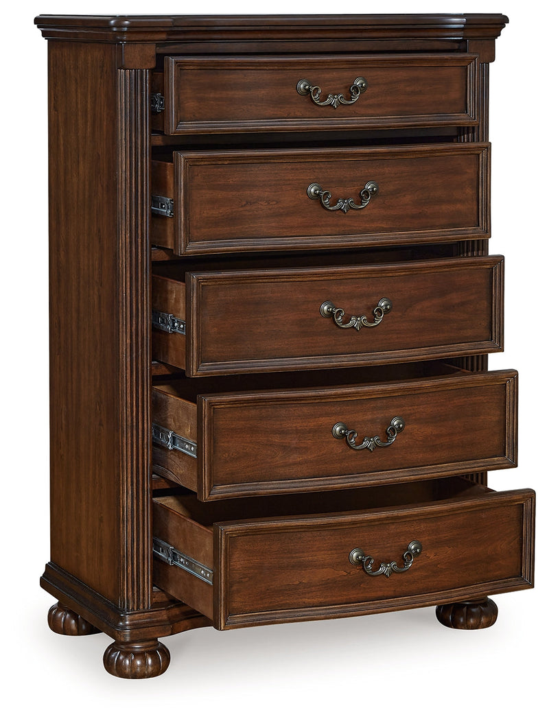 Lavinton Queen Poster Bed with Mirrored Dresser and Chest in Brown from Ashley - Luna Furniture