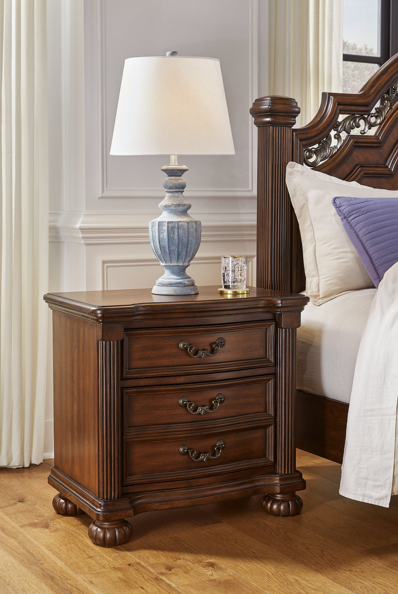 Lavinton Queen Poster Bed with Mirrored Dresser, Chest and Nightstand in Brown from Ashley - Luna Furniture