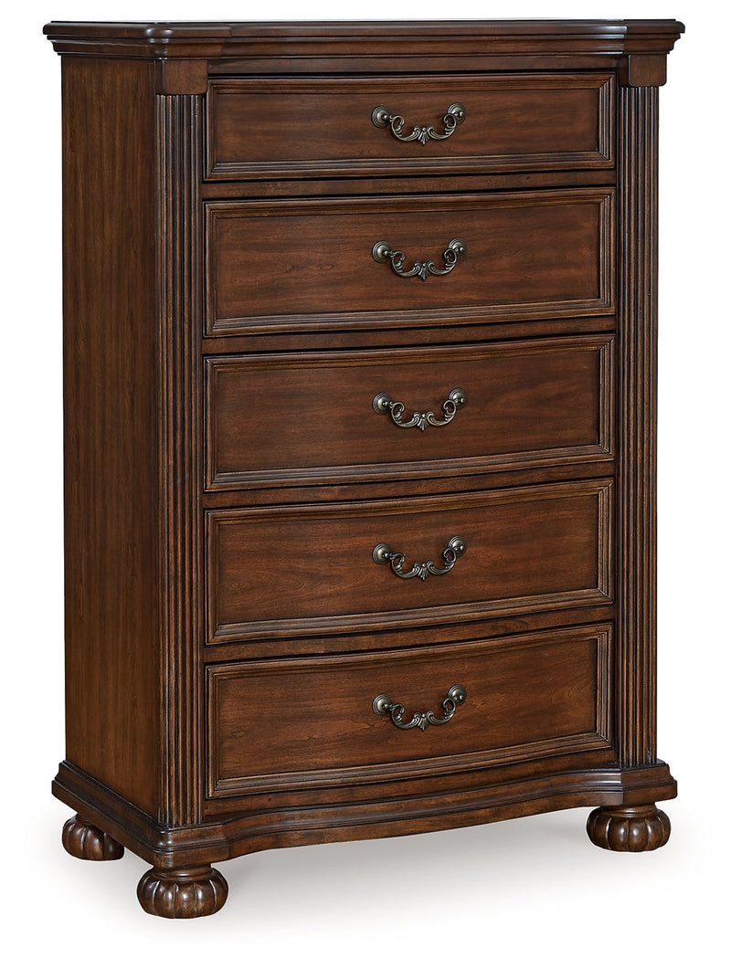 Lavinton Queen Poster Bed with Mirrored Dresser, Chest and Nightstand in Brown from Ashley - Luna Furniture