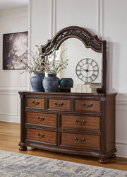 Lavinton Queen Poster Bed with Mirrored Dresser in Brown - PKG016856