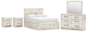 Lawroy Full Panel Storage Bed, Dresser, Mirror and 2 Nightstands in Light Natural - PKG020249