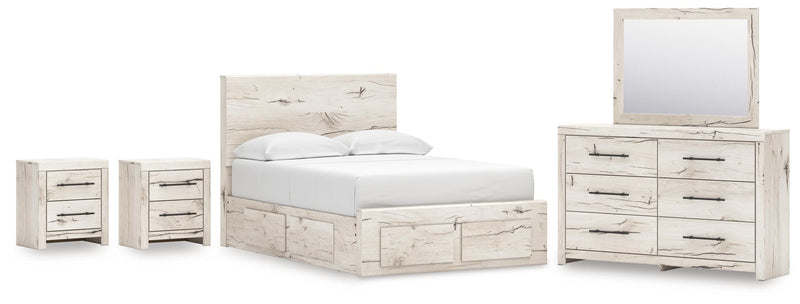Lawroy Full Panel Storage Bed, Dresser, Mirror and 2 Nightstands in Light Natural - PKG020249