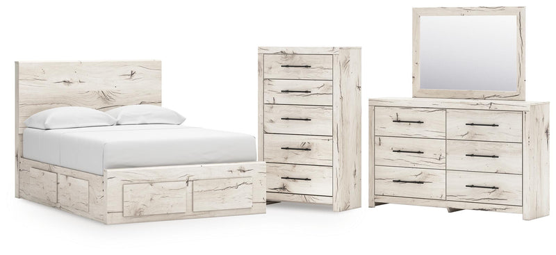 Lawroy Full Panel Storage Bed, Dresser, Mirror and Chest in Light Natural - PKG020252