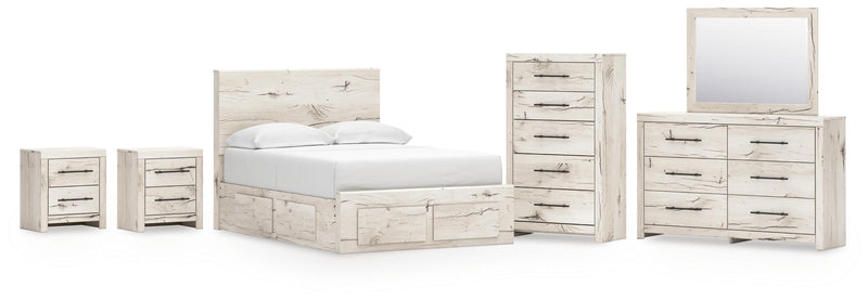 Lawroy Full Panel Storage Bed, Dresser, Mirror, Chest and 2 Nightstands in Light Natural - PKG020250