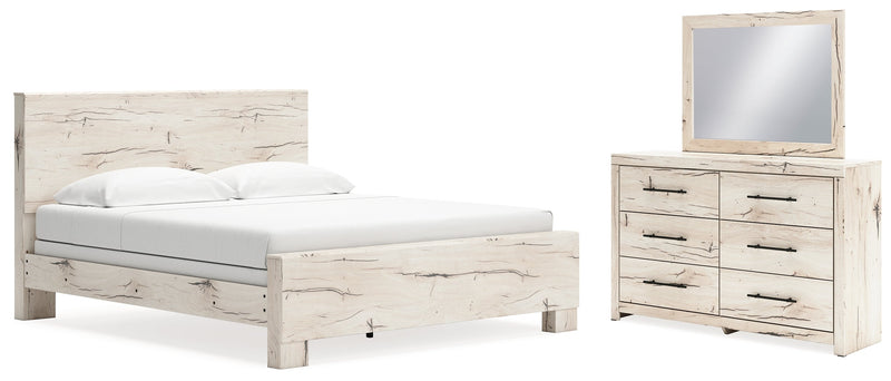 Lawroy King Panel Bed with Mirrored Dresser in Light Natural - PKG020167