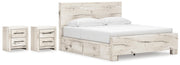 Lawroy King Panel Bed with Storage and 2 Nightstands in Light Natural - PKG020193