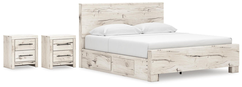 Lawroy King Panel Bed with Storage and 2 Nightstands in Light Natural - PKG020193