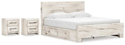 Lawroy King Panel Bed with Storage and 2 Nightstands in Light Natural - PKG020202