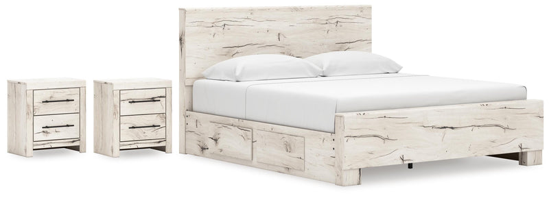 Lawroy King Panel Bed with Storage and 2 Nightstands in Light Natural - PKG020202