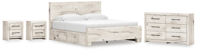 Lawroy King Panel Bed with Storage, Dresser and 2 Nightstands in Light Natural - PKG020201