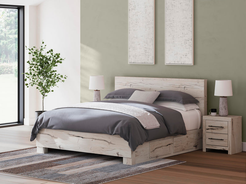 Lawroy King Panel Bed with Storage, Dresser and 2 Nightstands in Light Natural - PKG020201