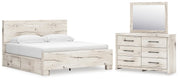Lawroy King Panel Bed with Storage, Dresser, Mirror and 2 Nightstands in Light Natural - PKG020186