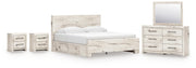 Lawroy King Panel Bed with Storage, Dresser, Mirror and 2 Nightstands in Light Natural - PKG020195