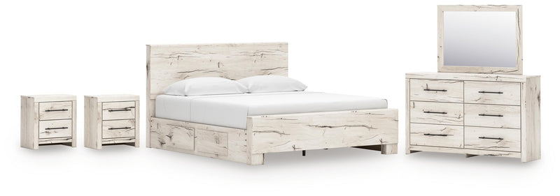 Lawroy King Panel Bed with Storage, Dresser, Mirror and 2 Nightstands in Light Natural - PKG020195