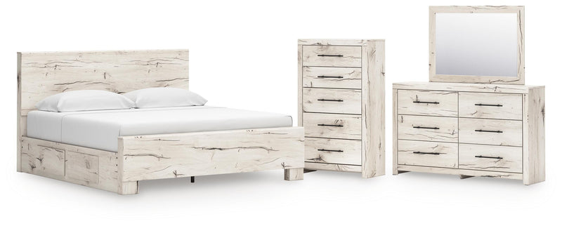 Lawroy King Panel Bed with Storage, Dresser, Mirror and Chest in Light Natural - PKG020189