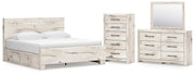 Lawroy King Panel Bed with Storage, Dresser, Mirror and Chest in Light Natural - PKG020198