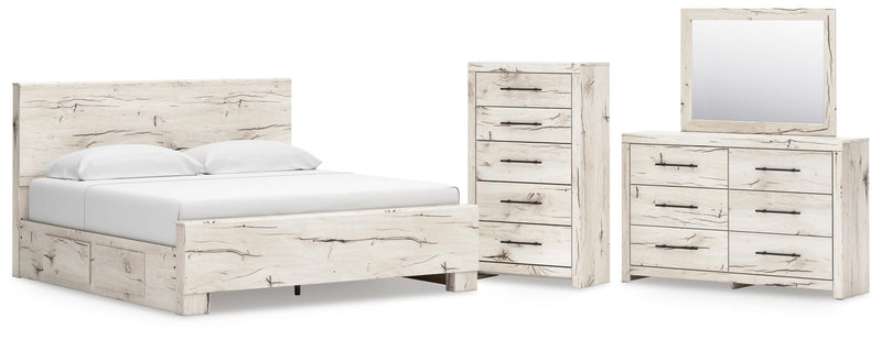 Lawroy King Panel Bed with Storage, Dresser, Mirror and Chest in Light Natural - PKG020198