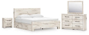Lawroy King Panel Bed with Storage, Dresser, Mirror and Nightstand in Light Natural - PKG020188