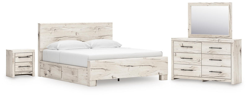 Lawroy King Panel Bed with Storage, Dresser, Mirror and Nightstand in Light Natural - PKG020188