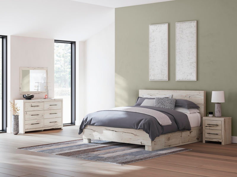 Lawroy King Panel Bed with Storage, Dresser, Mirror and Nightstand in Light Natural - PKG020188